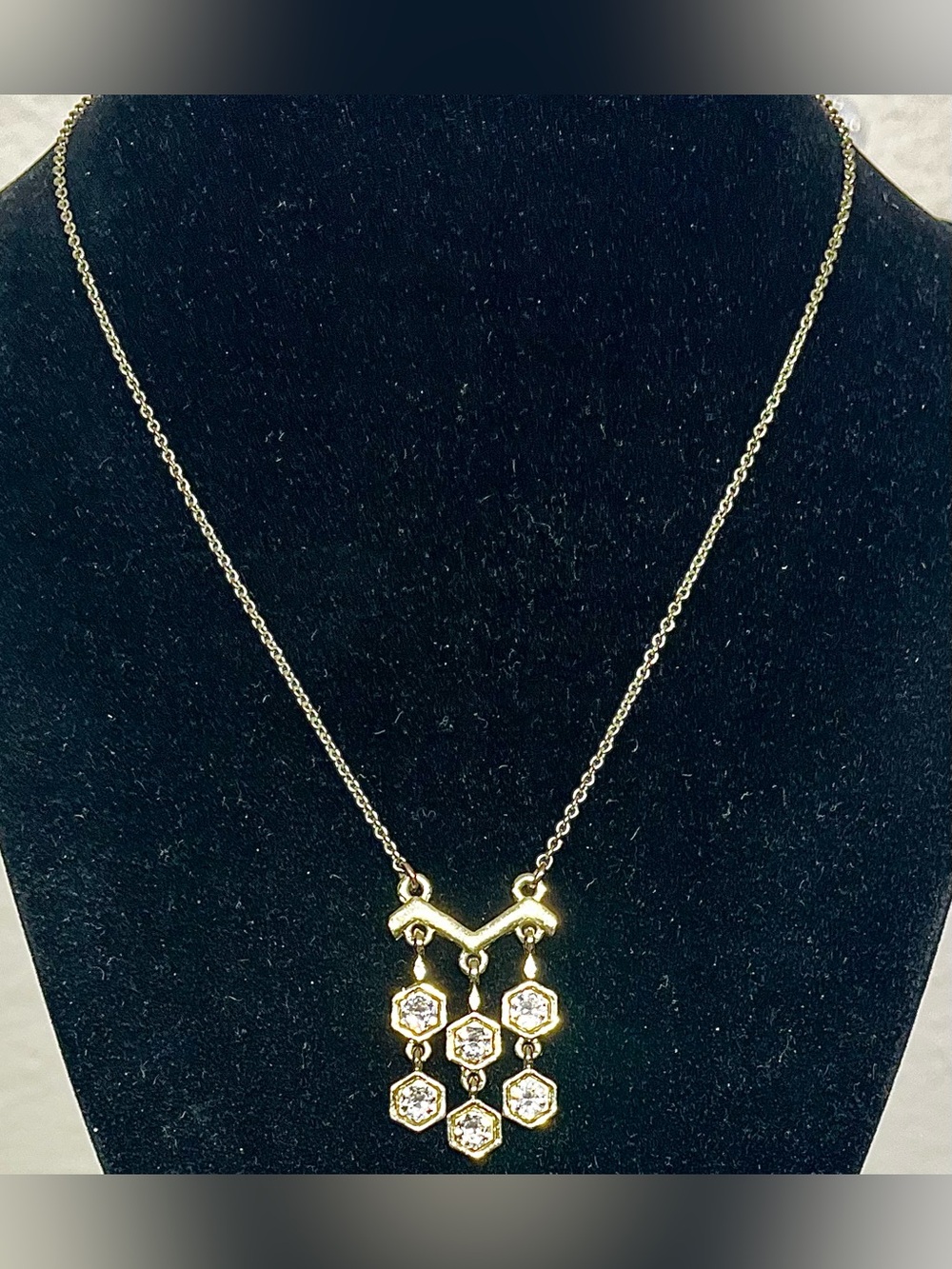 Jewelmint Gold Hexagon Drop Necklace with Crystal Accents